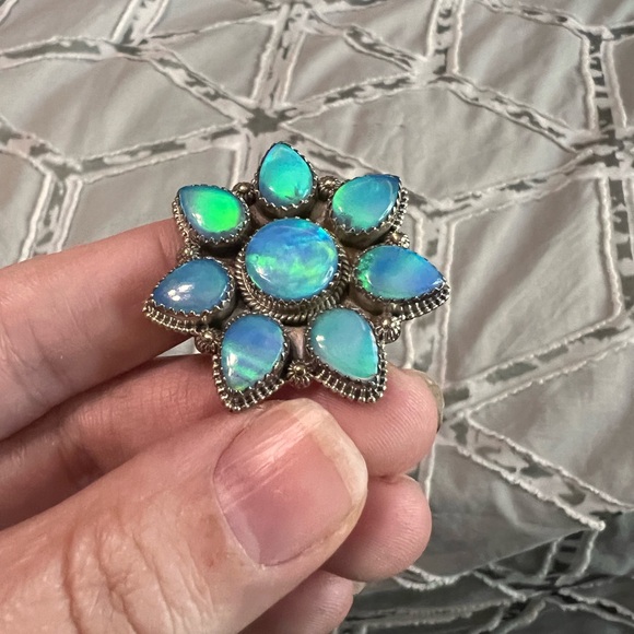 Sterling silver blue galaxy opal flower ring - Picture 3 of 5